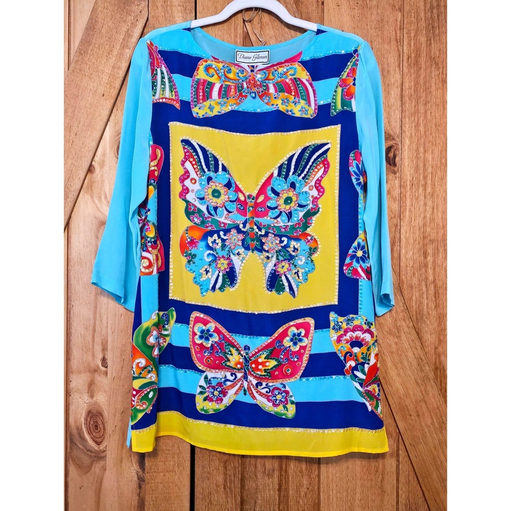 Diane Gilman Tunic Womens M Aqua Multi Embellished Butterfly Silk Top